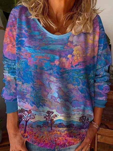 

Evening Glow Hedging Print Round-neck Casual Blouse, Blue, Tees & T-shirts