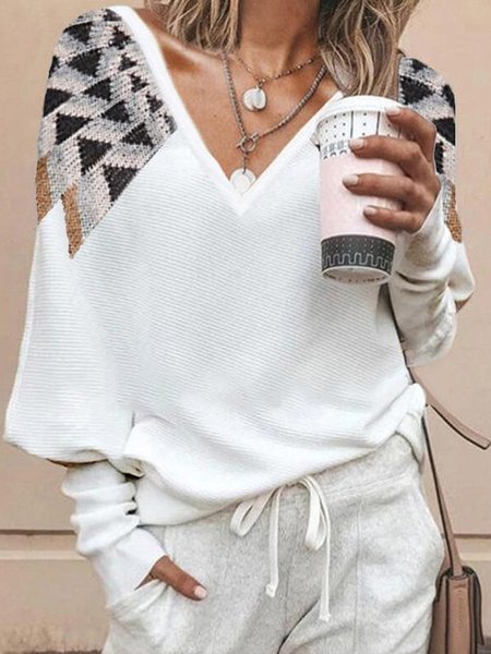 

Cotton-Blend V Neck Long Sleeve Striped Sweater, White, Sweaters