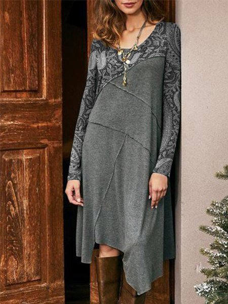 

Cotton-Blend Vintage Long Sleeve Dresses, Gray, Party Dress