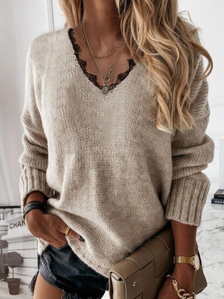 

Vintage Solid V Neck Sweater, Apricot, Clearance7