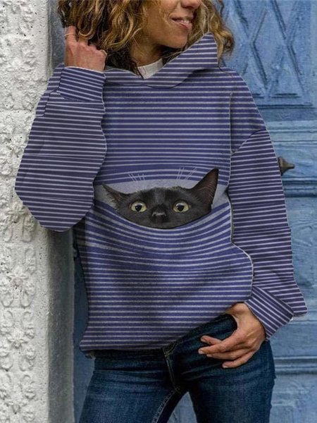 

Cats Printed Long Sleeve Striped Hoodie Sweatshirt, Blue, Hoodies & Sweatshirts