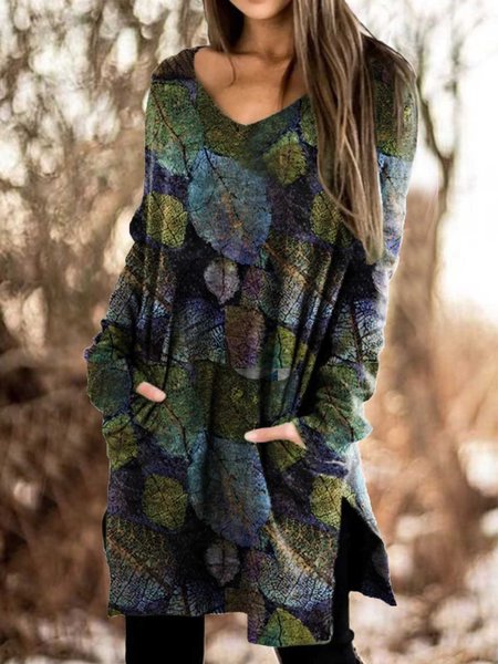 

V Neck Long Sleeve Floral-Print Casual Shirts & Tops, Multicolor, Tops