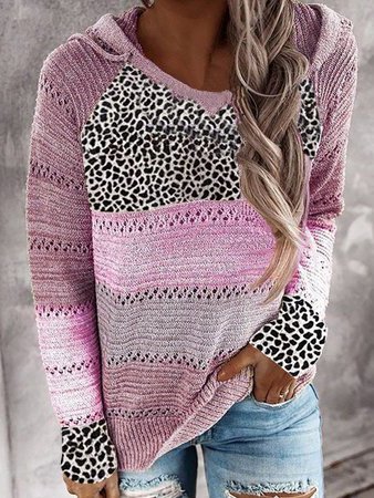 

V Neck Casual Leopard Cotton-Blend Sweater, Purple, Sweaters