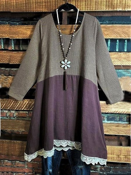 

Casual U-Neck Color-Block Tunic Sweater Dress, Gray purple, Dresses