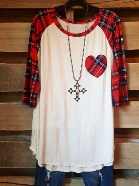 Casual Half Sleeve Round Neck Plus Size Printed Tops, Red, Tops
