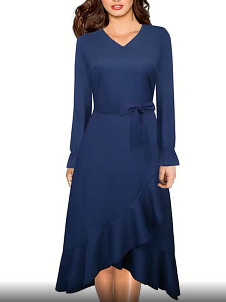 

V Neck Asymmetrical Daily Midi Dress, Deep blue, Midi Dresses