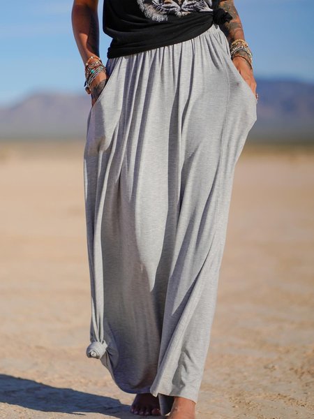 Solid Casual Linen Pants, Gray, Pants