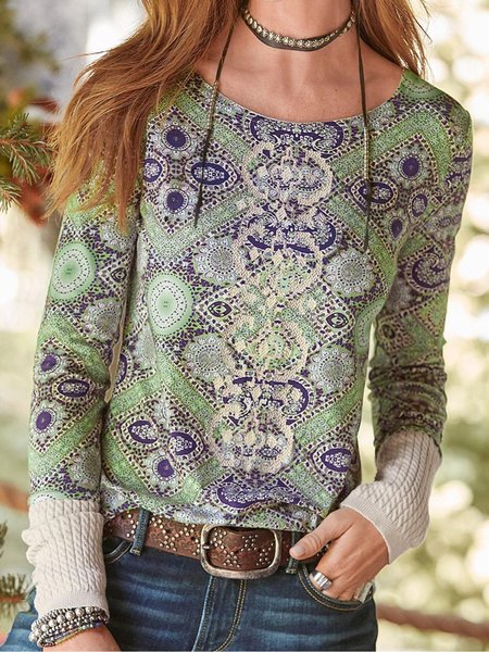 

Crew Neck Long Sleeve Boho Tops, As picture, Tops