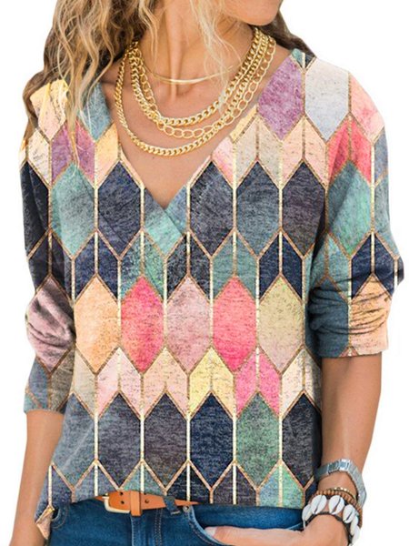

Vintage Color-Block Long Sleeve Cotton-Blend Shirts & Tops, Multicolor, Tops