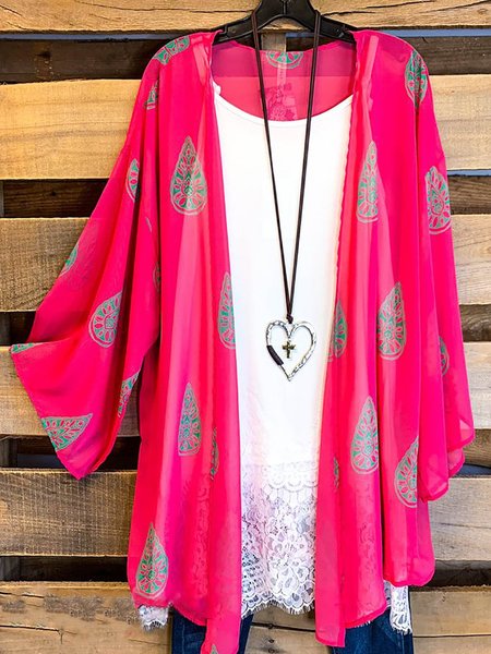 

Loose 3/4 Sleeve Printed Cardigan, Rose red, Cardigans