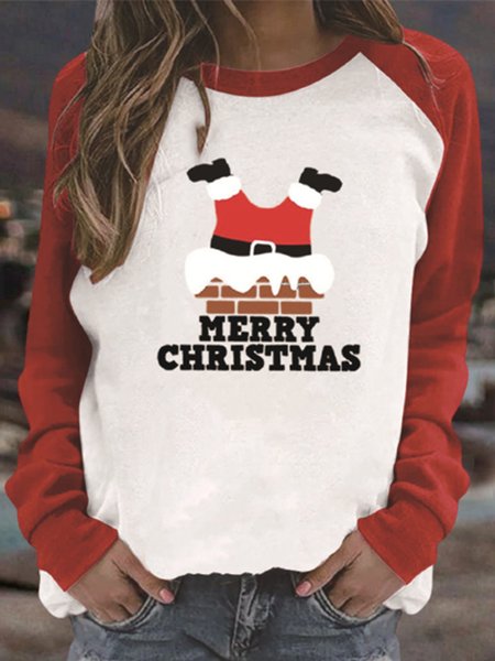 

Vintage Christmas Printed Plus Size Long Sleeve Crew Neck Casual Tops, White-red, Hoodies & Sweatshirts