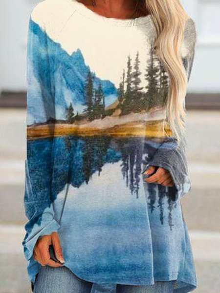 Crew Neck Long Sleeve T-shirt, Blue, Blouses & Shirts