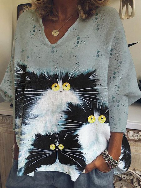 

Long Sleeve Animal V Neck Shift Shirts & Tops, Gray, Long sleeve tops