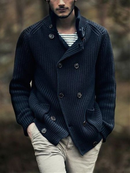 

V Neck Solid Cardigan, Navy blue, Men's Sweater