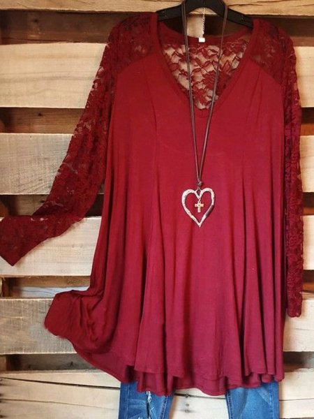 

Casual Long Sleeve V Neck Plus Size Tops, Red, T-Shirts