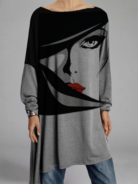 

Abito Vacanza Maniche Lunghe Girocollo, Grigio, Midi Dresses