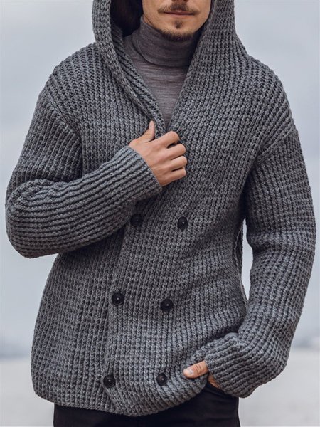 

Gray Casual Hoodie Knitted Sweater, Men's Sweater