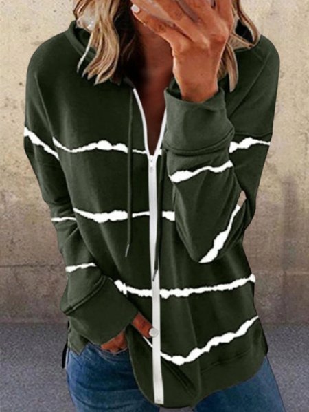 

Long Sleeve Striped Casual Cotton-Blend Jacket, Green, Coats