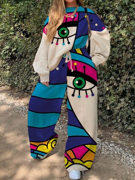 

Abstract Casual Crew Neck Suits, Blue, Tops