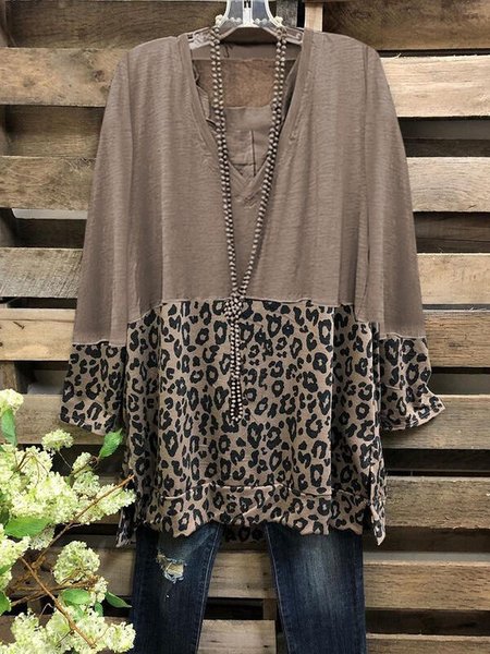 Color Block Leopard V Neck Long Sleeves Casual Blouses