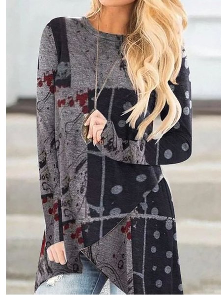 

Long Sleeve Round Neck Casual Asymmetrical Shirts & Tops, Gray, Hoodies & Sweatshirts