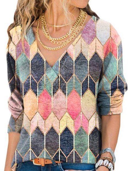 

Women Vintage Color-Block V Neck Tops, Multicolor, Blouses & Shirts