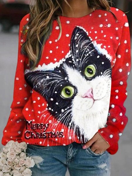 

Top Felpe Vintage Natale Carina Gatti Stampato Maniche Lunghe Girocollo Casuale, Rosso, Hoodies & Sweatshirts