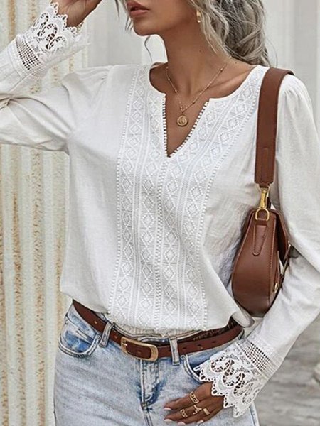 

Vintage Lace Plain V Neck Long Sleeve Casual Tops, White, Blouses & Shirts