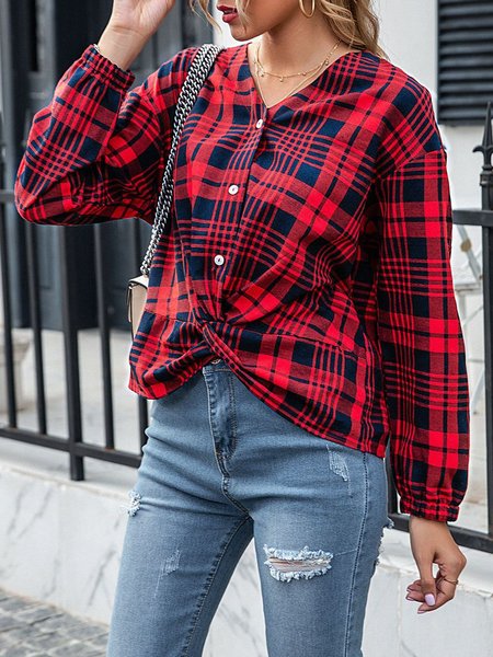 

Women Fashion Plus Size Vintage Christmas Holiday Chic Casual Shift V Neck Long Sleeve Shirts Tops, Red-blue, Blouses & Shirts