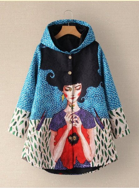 

Art Print Long Sleeve Casual Hoodie Cotton-Blend Jacket, Blue, Coats