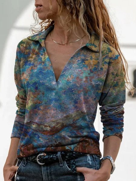 

Top Casuale Stampato Floreale Collo a Scialle, Multicolore, T-Shirts