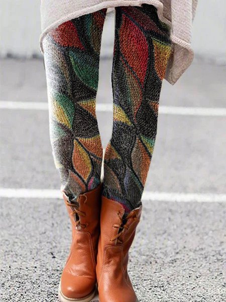 

Floral-Print Casual Leaves Pants, Multicolor, leggings