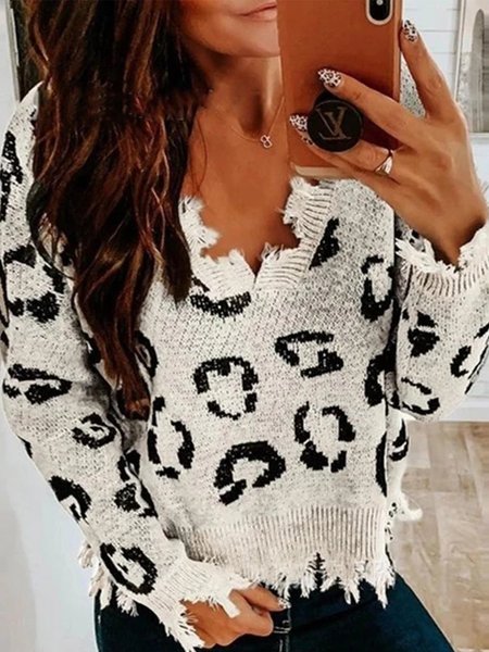 

Vintage Ripped Long Sleeve V Neck Leopard Plus Size Casual Sweater, White, Knitwear & Sweaters