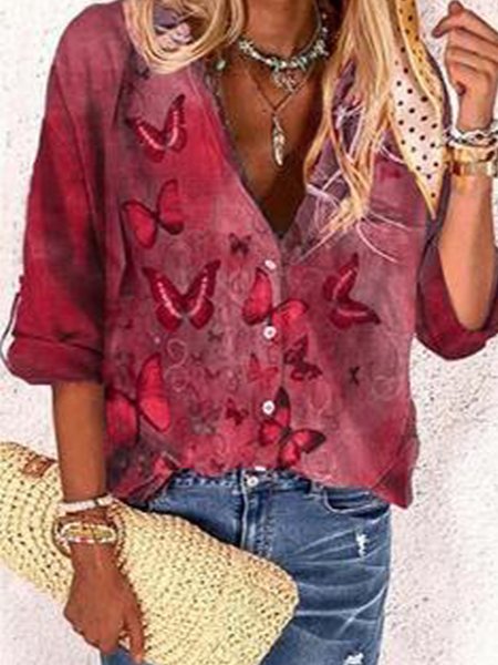 

Top Vintage Farfalle Stampato Maniche Lunghe Scollo a V Casuale, Rosso, Blouses & Shirts
