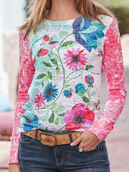 

Crew Neck Long Sleeve Tops, As picture, Tops