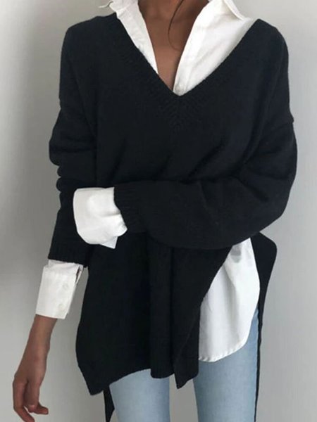 

Casual Long Sleeve V Neck Sweater, Black, Sweaters