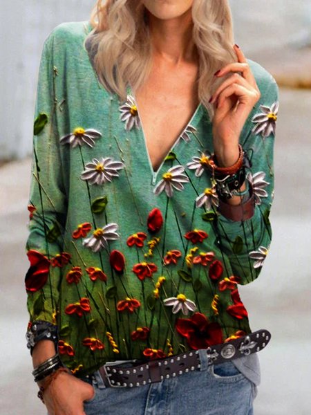 

New Women Fashion Plus Size Holiday Vintage Floral Long Sleeve Casual V Neck Shirts & Tops, Green, Blouses & Shirts