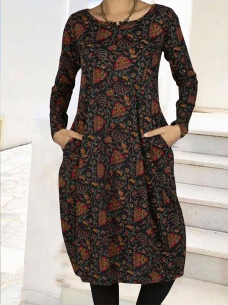 

Abito Nero Vintage Casuale Stampata Floreale Maniche Lunghe, Midi Dresses