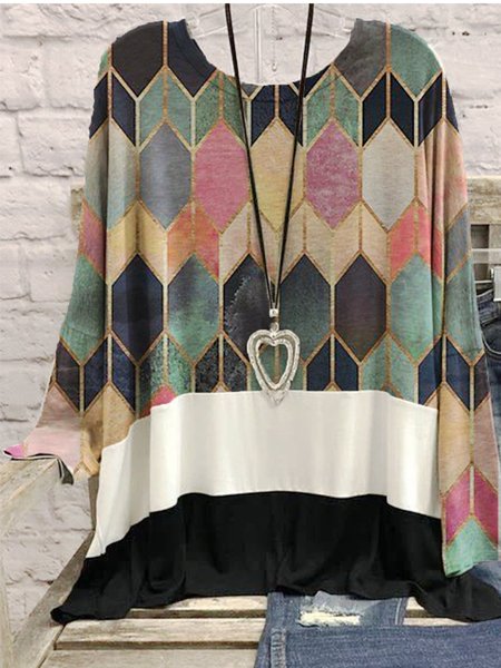 

Printed Cotton-Blend Casual Long Sleeve Shirts & Tops, Multicolor, Tops