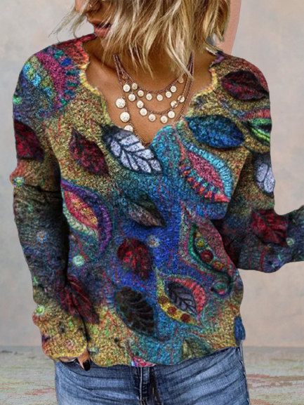 

Women Vintage Printed Long Sleeve Top, Multicolor, Blouses & Shirts