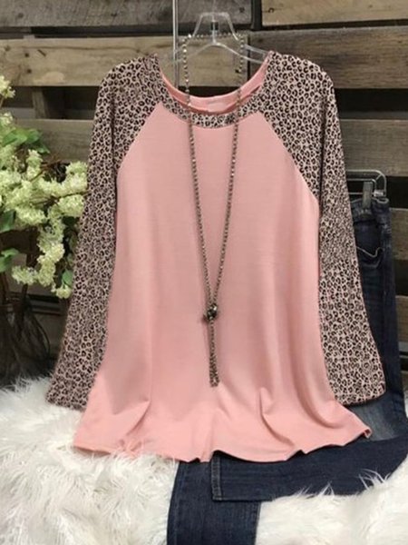 

Long Sleeve Cotton-Blend Tops, Pink, Tops