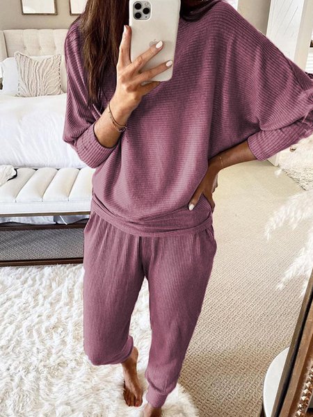 

Nuovo Semplice Di base Casa Vintage Chic Tinta Unita Dritto Casuale Maniche Lunghe Indumenti da Notte Loungewear Suits, Viola, Suit