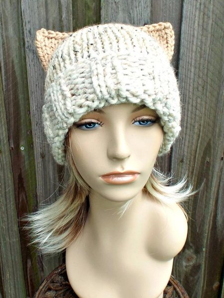 

Womens Knit Hat, Pink Pussyhat, Pink Pussy Hat, Pink Cat Hat, Womens Hat, Ear Flap Hat, Cat Beanie,, Apricot, Women Hats