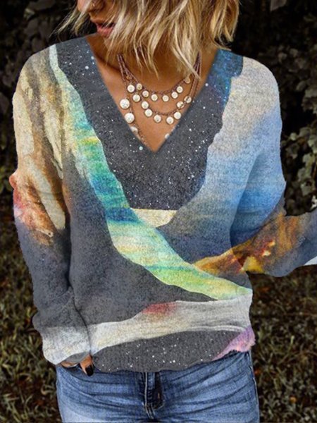 

Plus Size Casual V Neck Long Sleeve Shirts & Tops, Multicolor, Knitwear & Sweaters