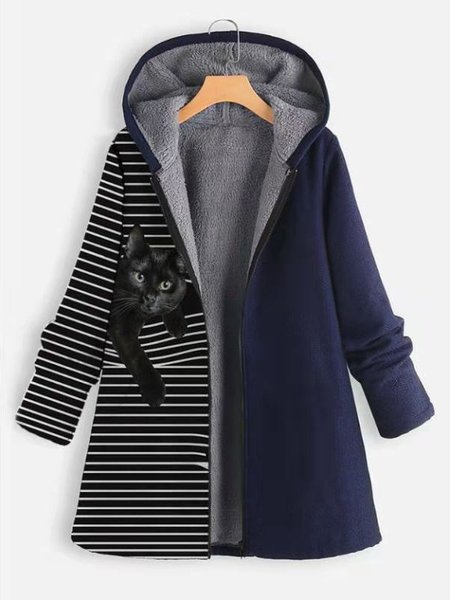 

Cat Print A-Line Casual Hoodie Long Sleeve Fleece Coat, Navy blue, Coats