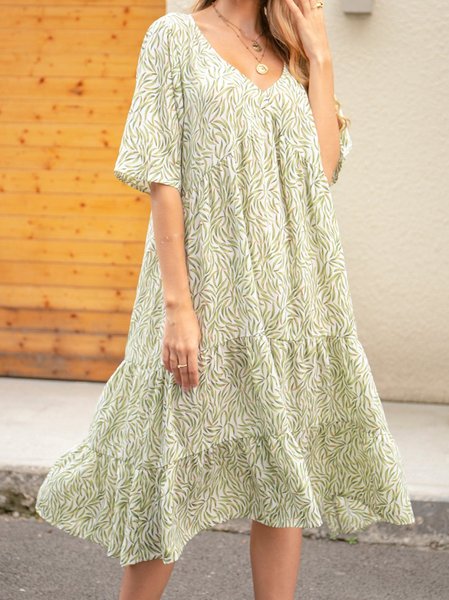 

Swing V Neck Boho Dress, Green, Midi Dresses