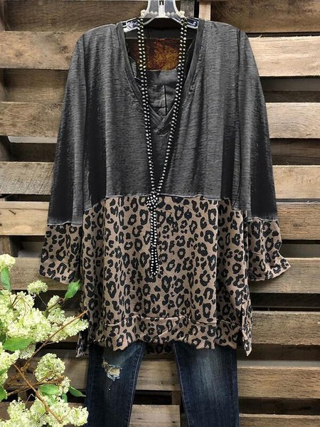 Color Block Leopard V Neck Long Sleeves Casual Blouses
