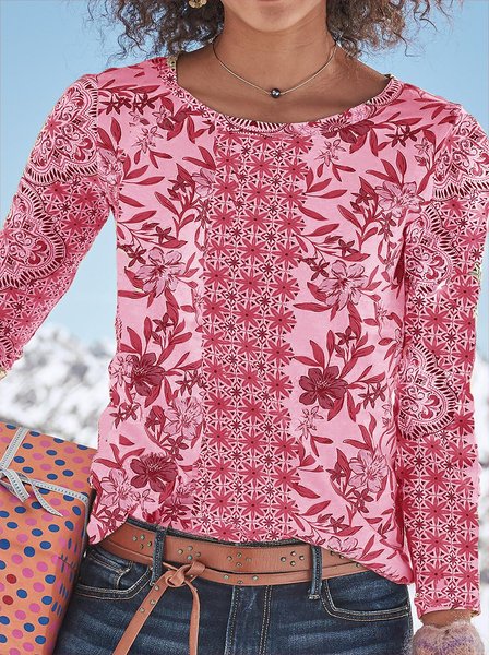 

Crew Neck Floral Long Sleeve Casual Tops, Rose red, Tops