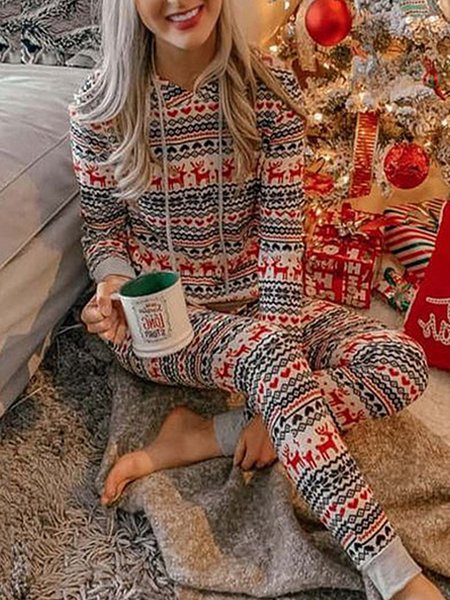

Vintage Reindeer Snowflake Printed Plus Size Long Sleeve Hoodie Casual Suits, As picture, Jumpsuits