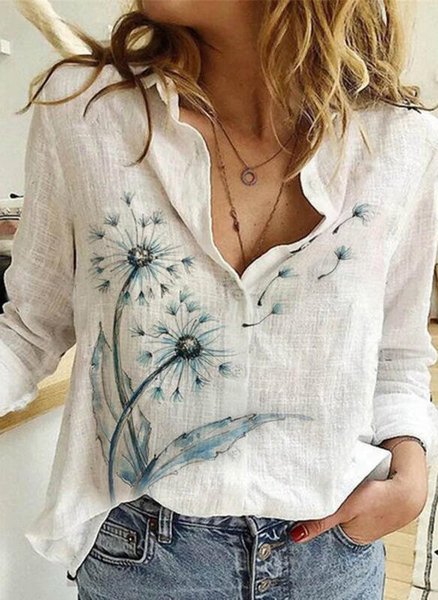 Print Lapel Long Sleeves Button Up Casual Shirt Blouses, White, Long sleeve tops